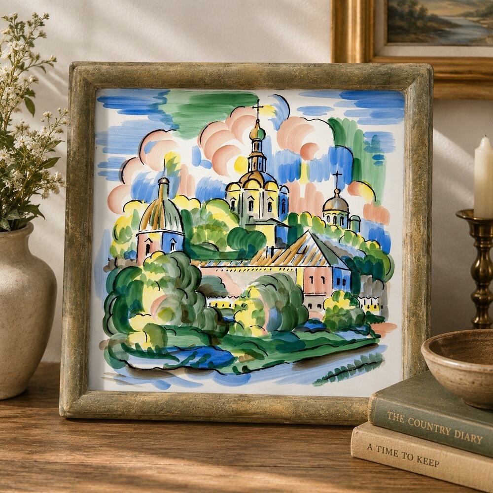 Vintage Hand Painted Russian Ceramic Tile Pokrovsky Monastery Suzdal 6.5”